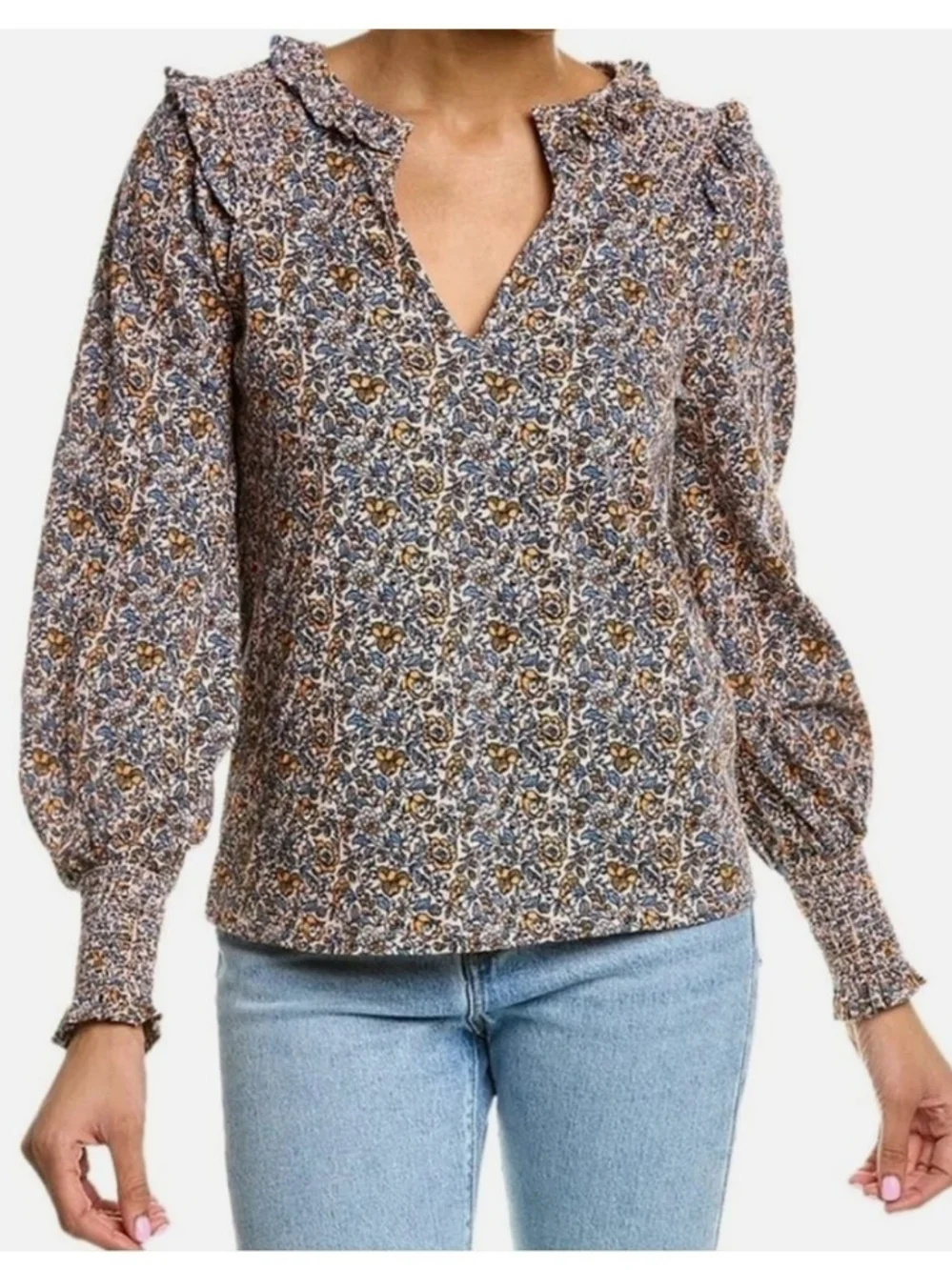 Boden Notch Neck Smocked Frill Floral Top - Picture 1 of 7